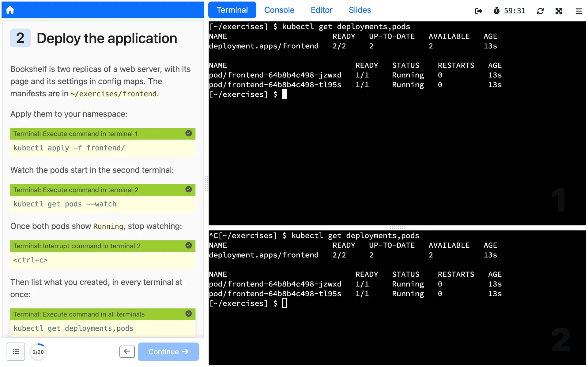 Clickable actions in the instructions, checked off as they ran, beside the terminals where the last one ran a command in both at once.