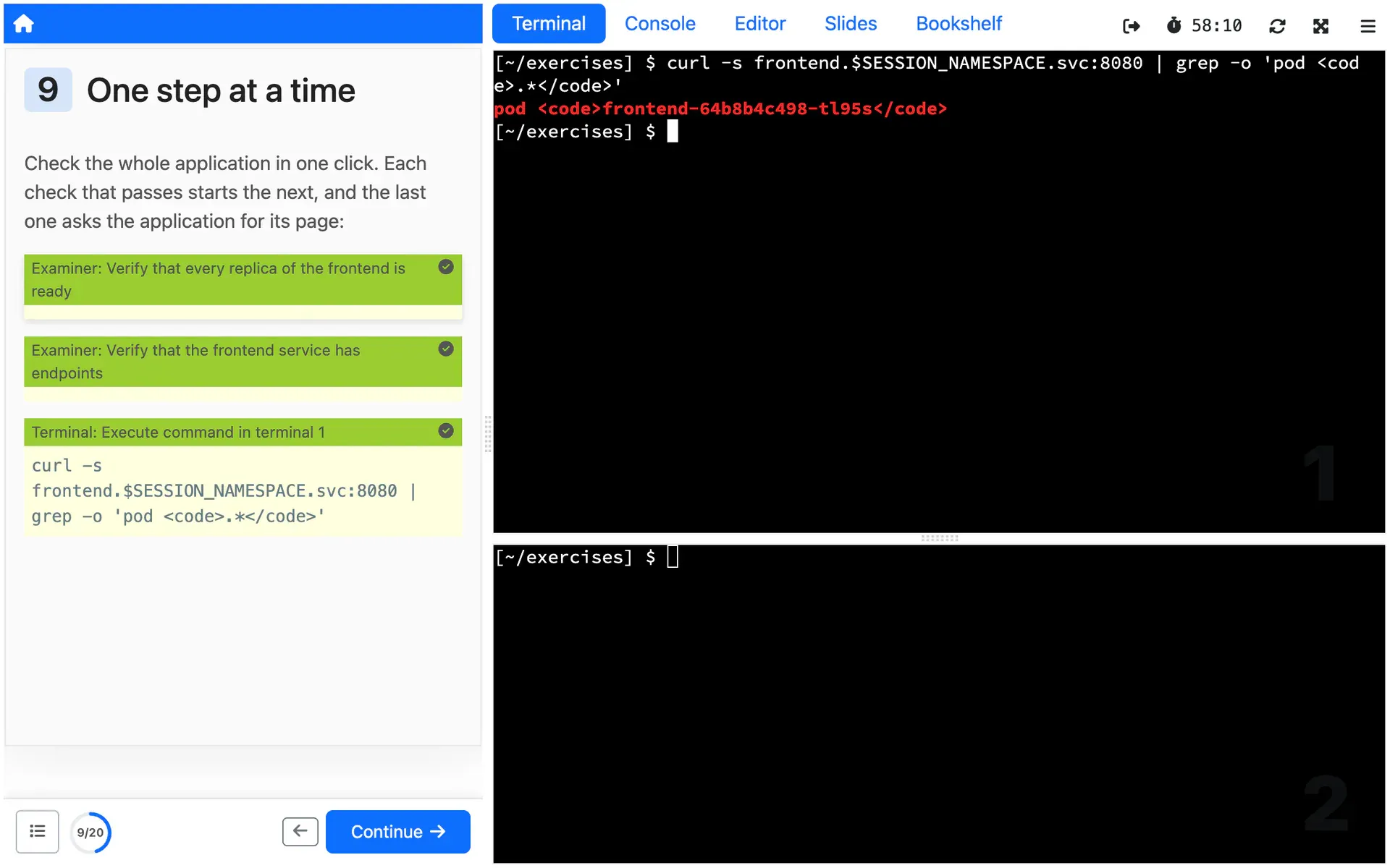 Two checks that passed one after the other from a single click, and the command the second one started, with its output in the terminal.