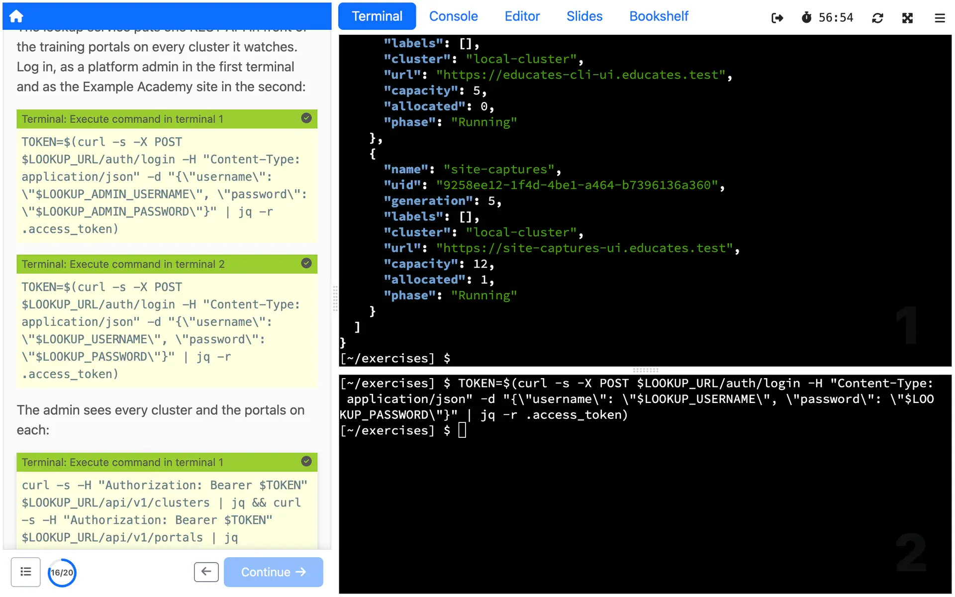 The lookup service's admin API listing the clusters it watches, and the training portals on them.