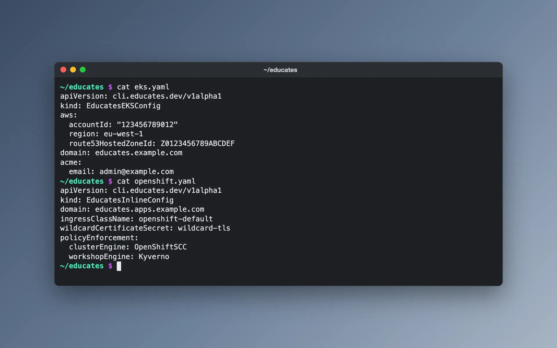 A terminal with Educates configuration files for Amazon EKS and OpenShift, each a few lines naming the cluster's provider and domain.