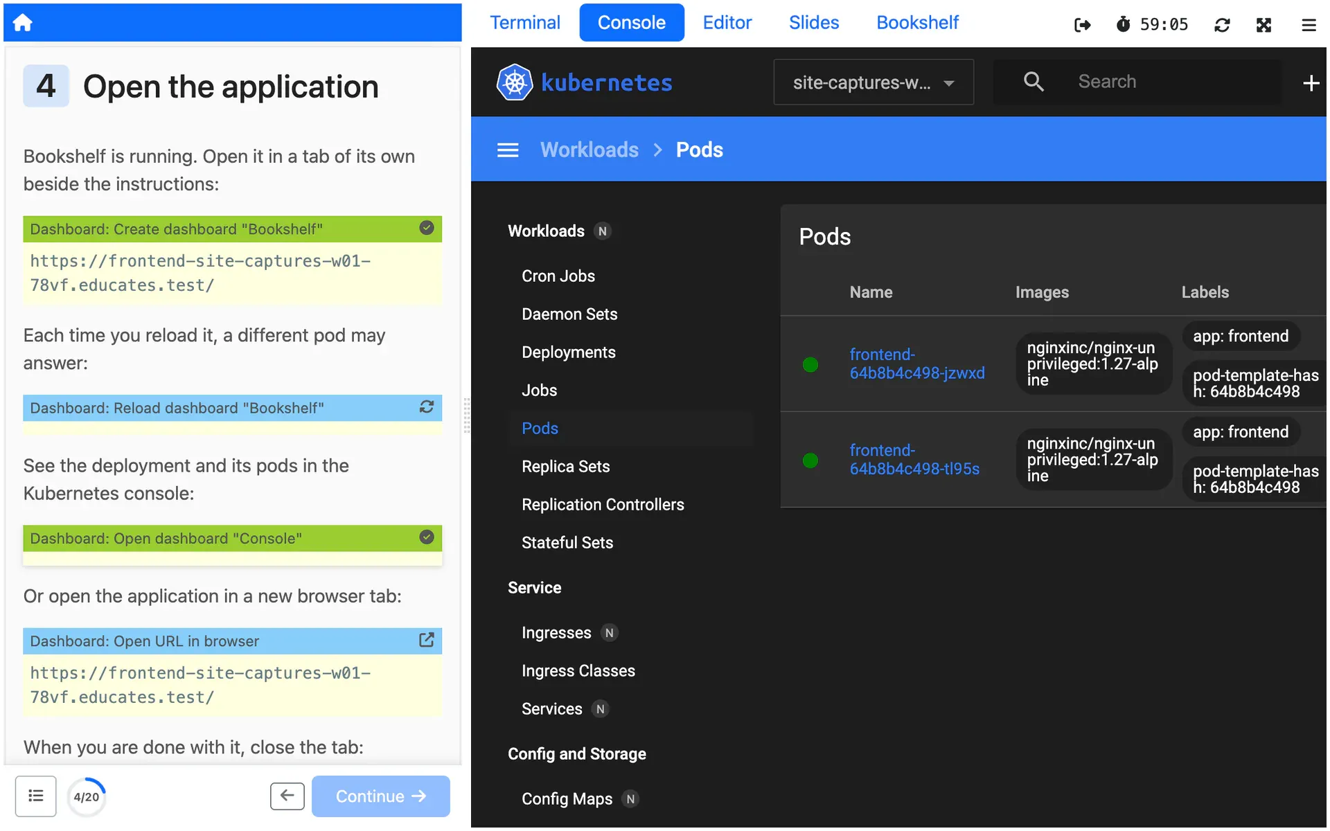 The workshop dashboard: instructions on the left, and tabs for the terminals, the Kubernetes console, the editor, the slides and the workshop's own application, with the console listing the Session's pods.