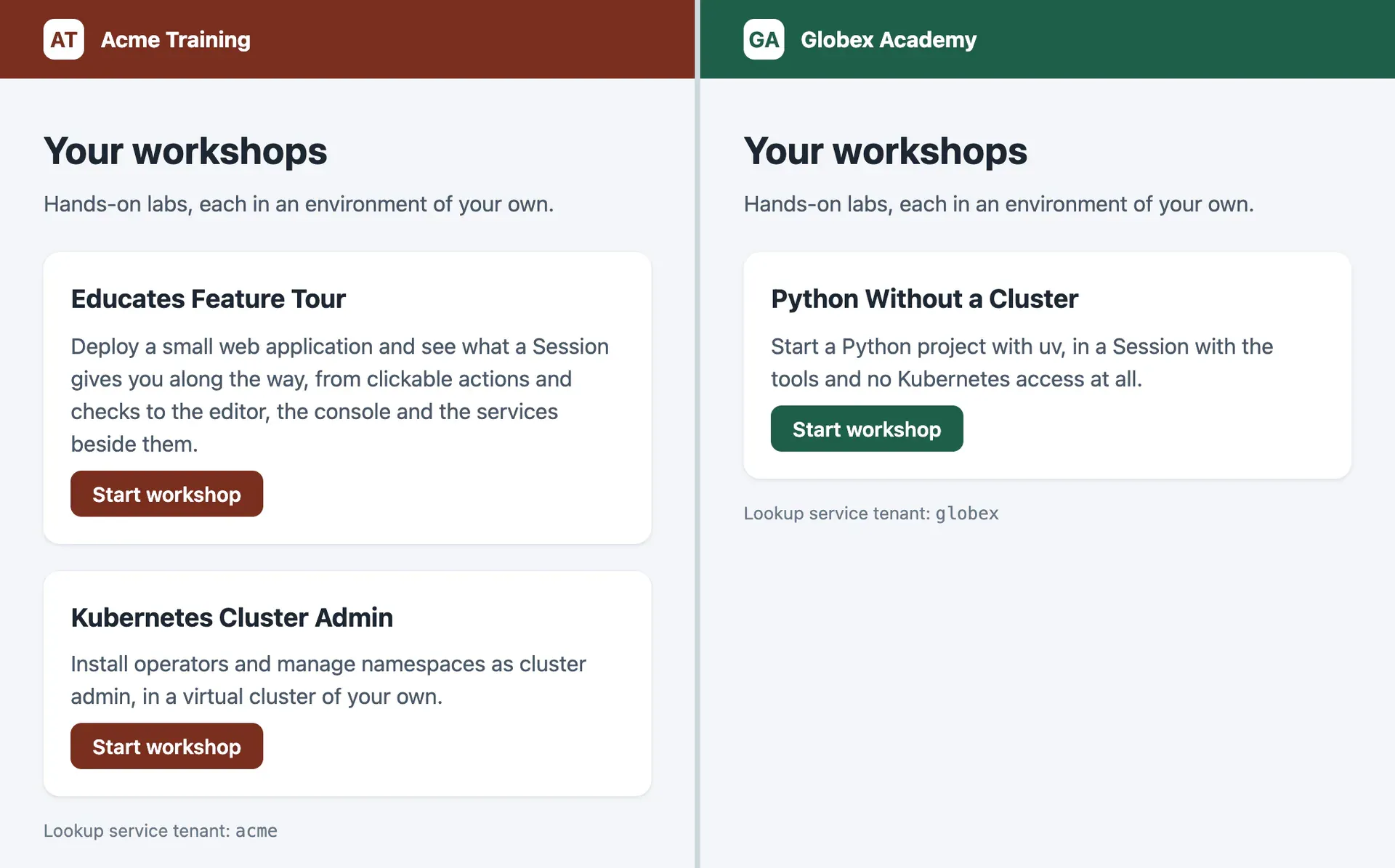 Two customers' own sites side by side, each listing the workshops of its own lookup service tenant: Acme Training shows two workshops, and Globex Academy a different one.