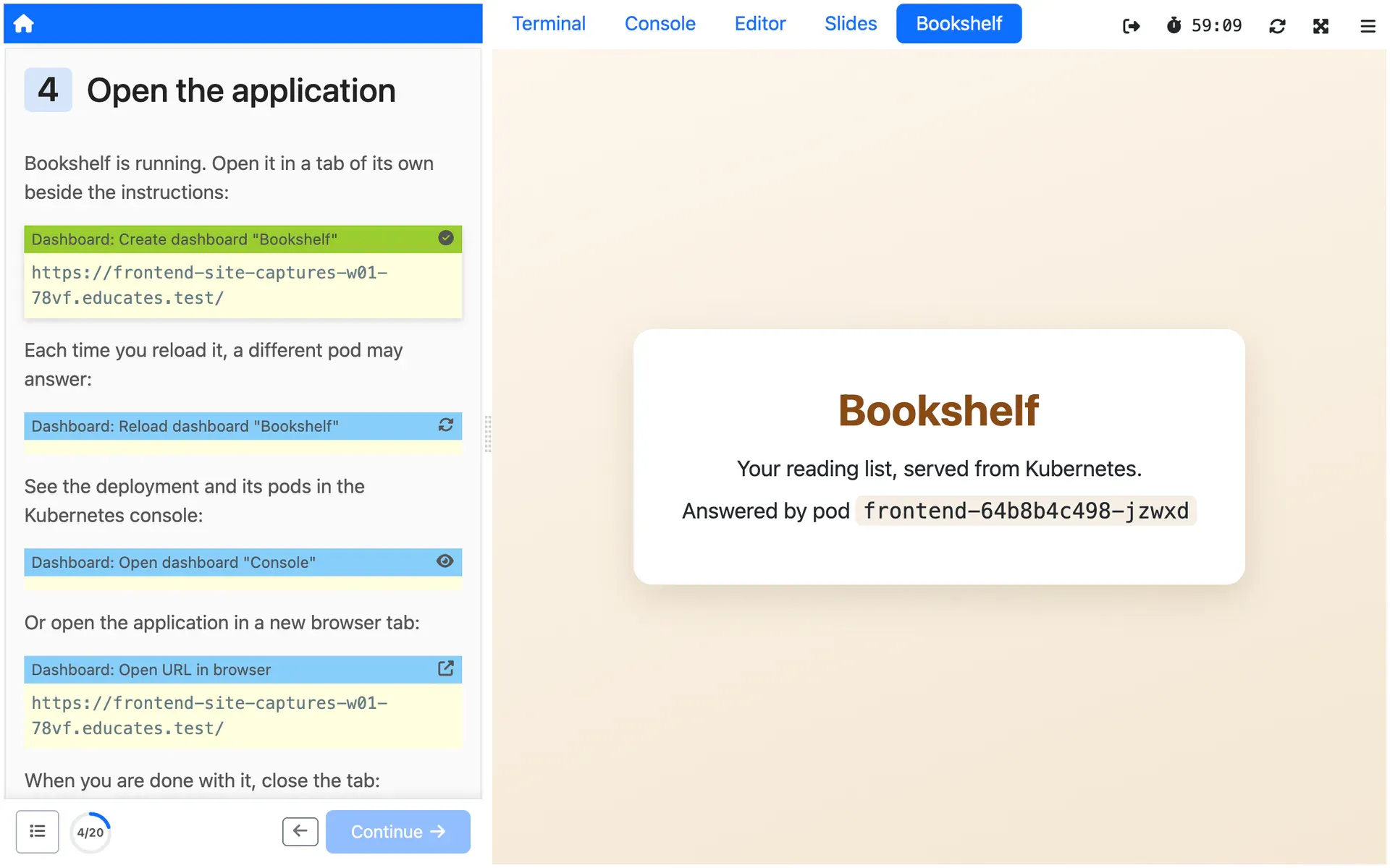 A dashboard tab that an action in the instructions created, showing the application the step deployed.