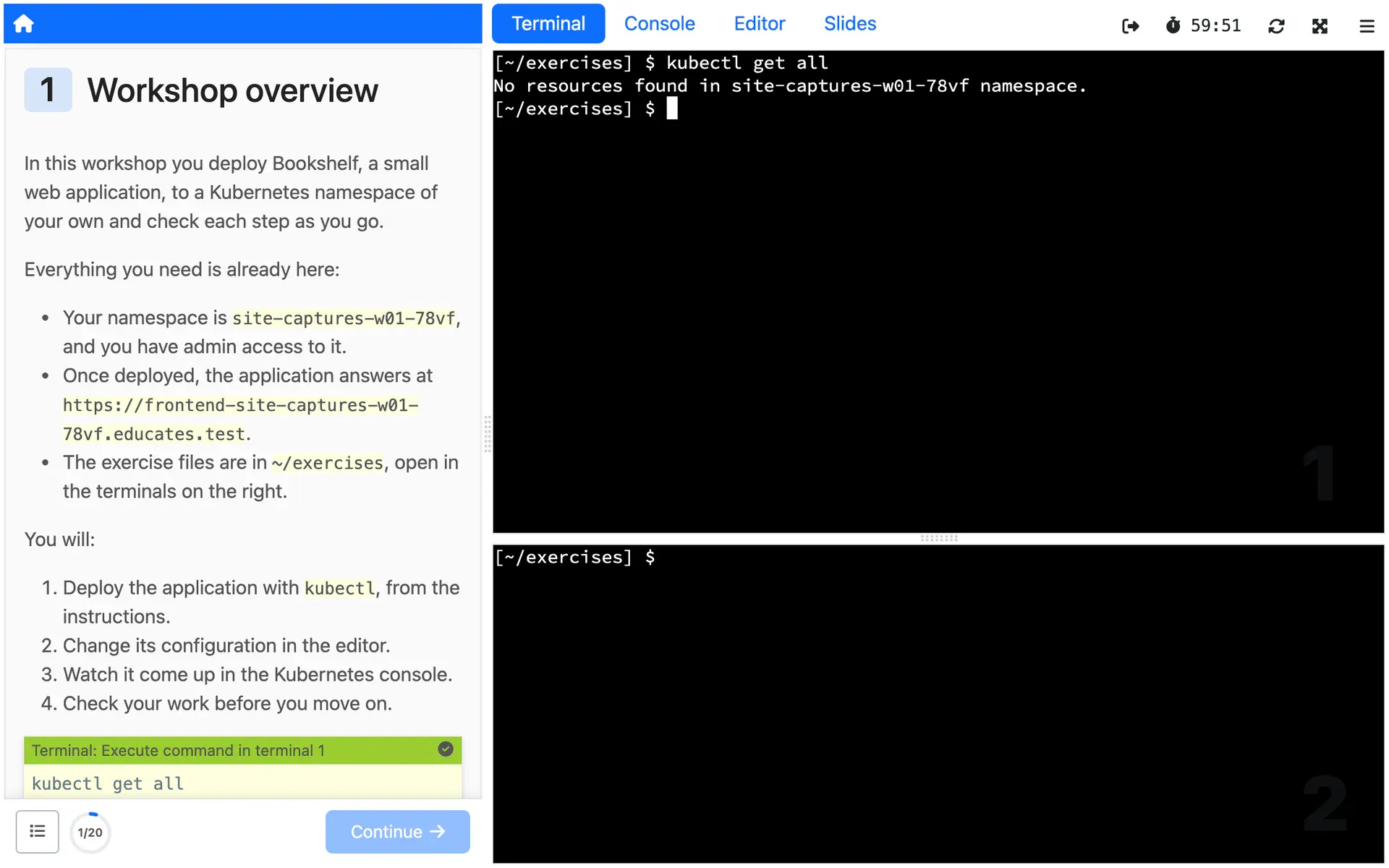 A Session's first instructions page, with the Session's own namespace and hostname filled in, beside the terminal that ran a command from it.