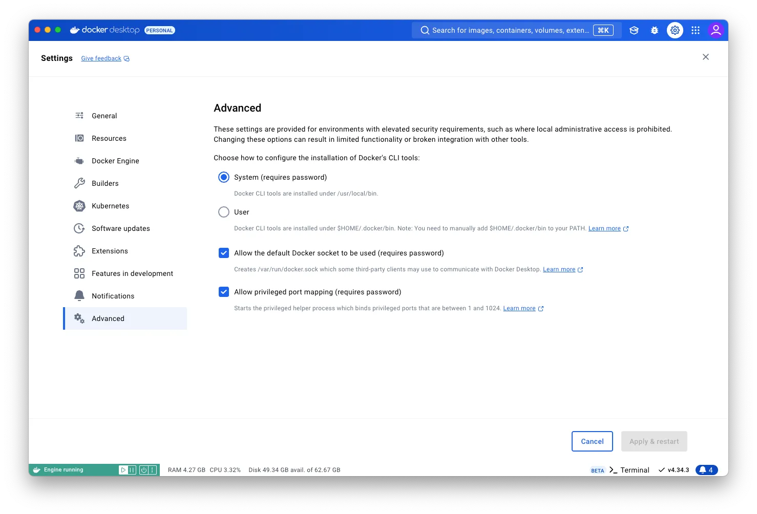 Docker Desktop settings page