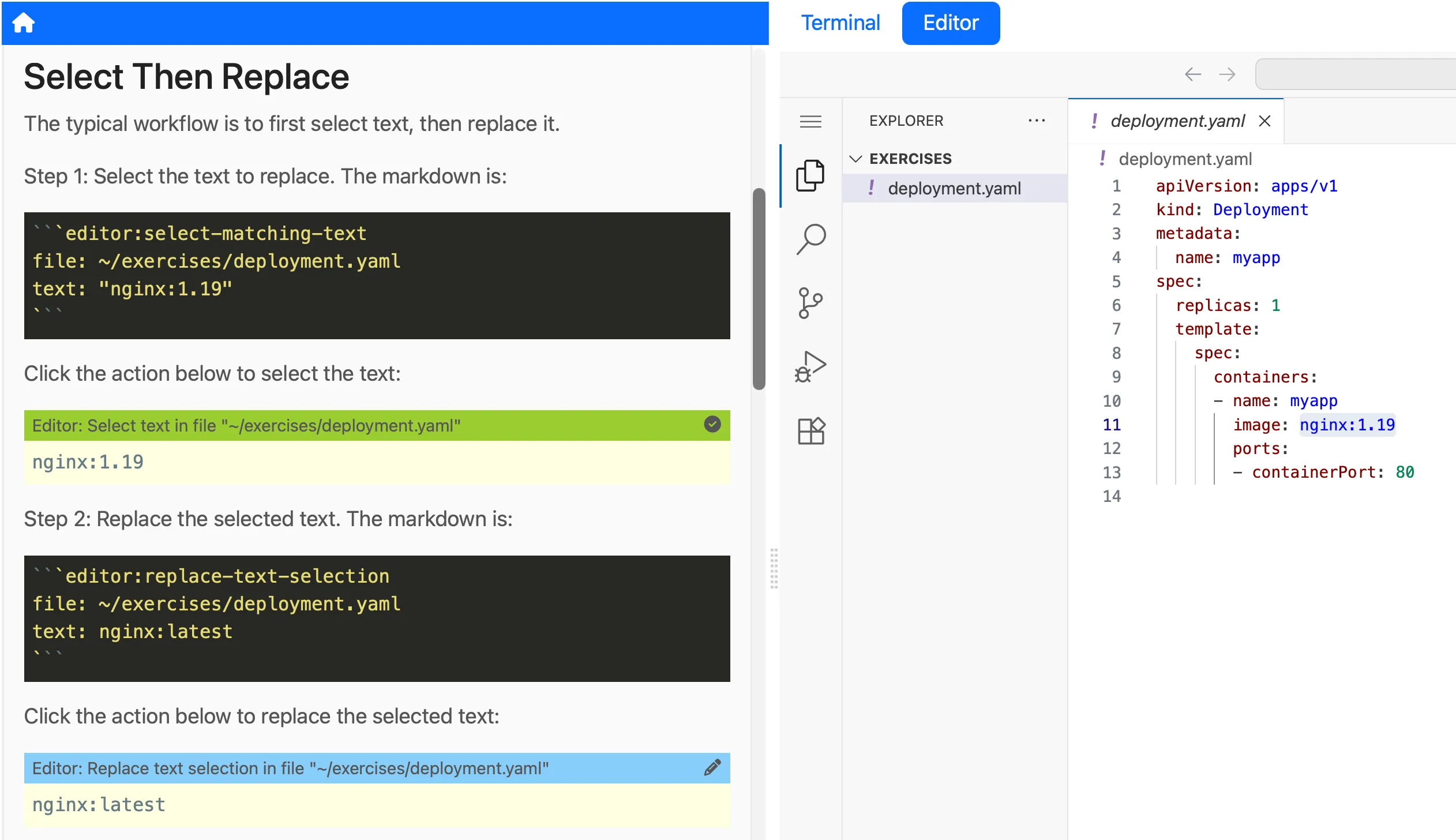 The embedded editor showing text that has been selected and replaced through clickable actions in the instructions