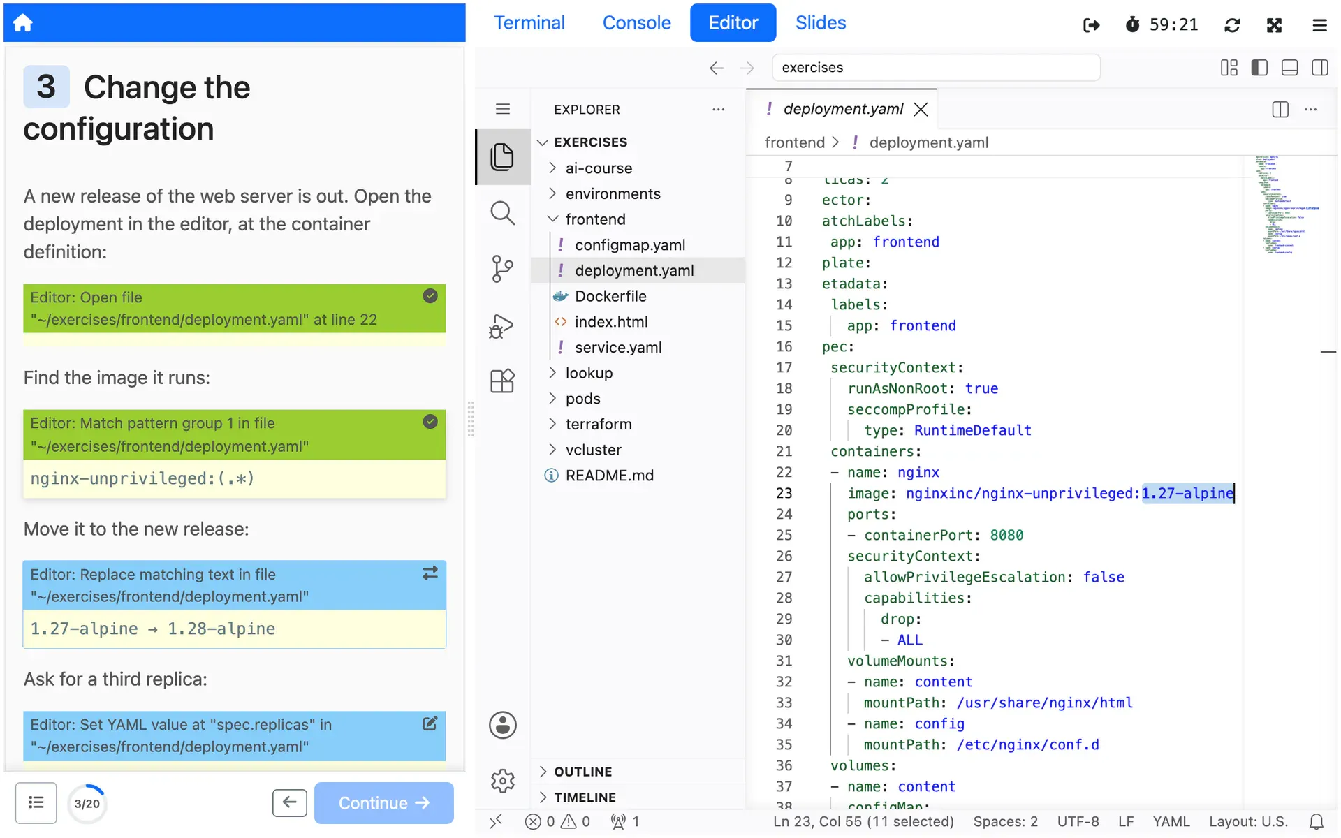 The editor, opened at the deployment by one action, with the image tag a second action selected by a regular expression, and actions below to replace it, set a YAML value and create a file.