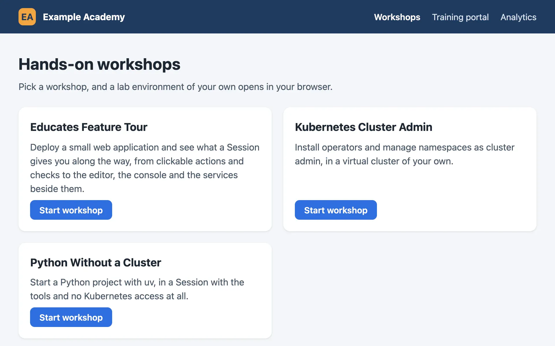 Example Academy, a training team's own site, listing workshops it gets from the lookup service, with a button to start each.