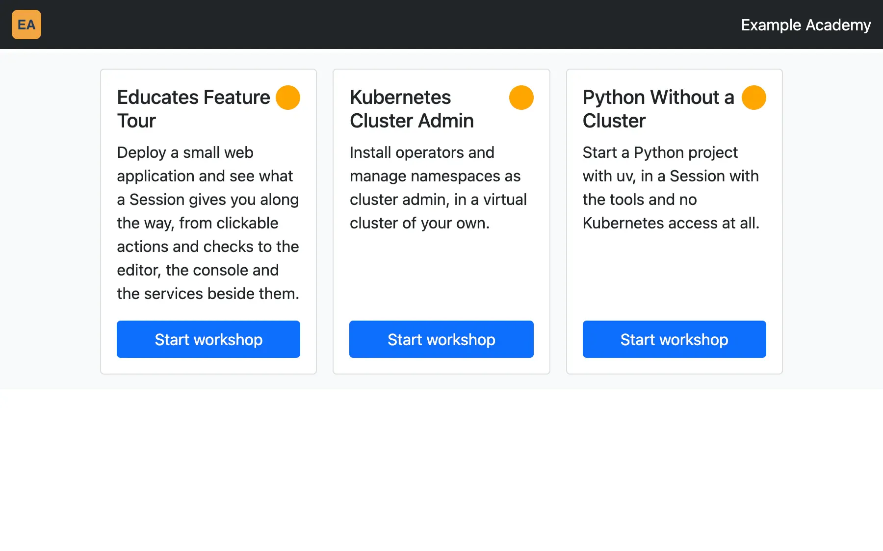 A training portal with a title and logo of its own, listing its workshops.