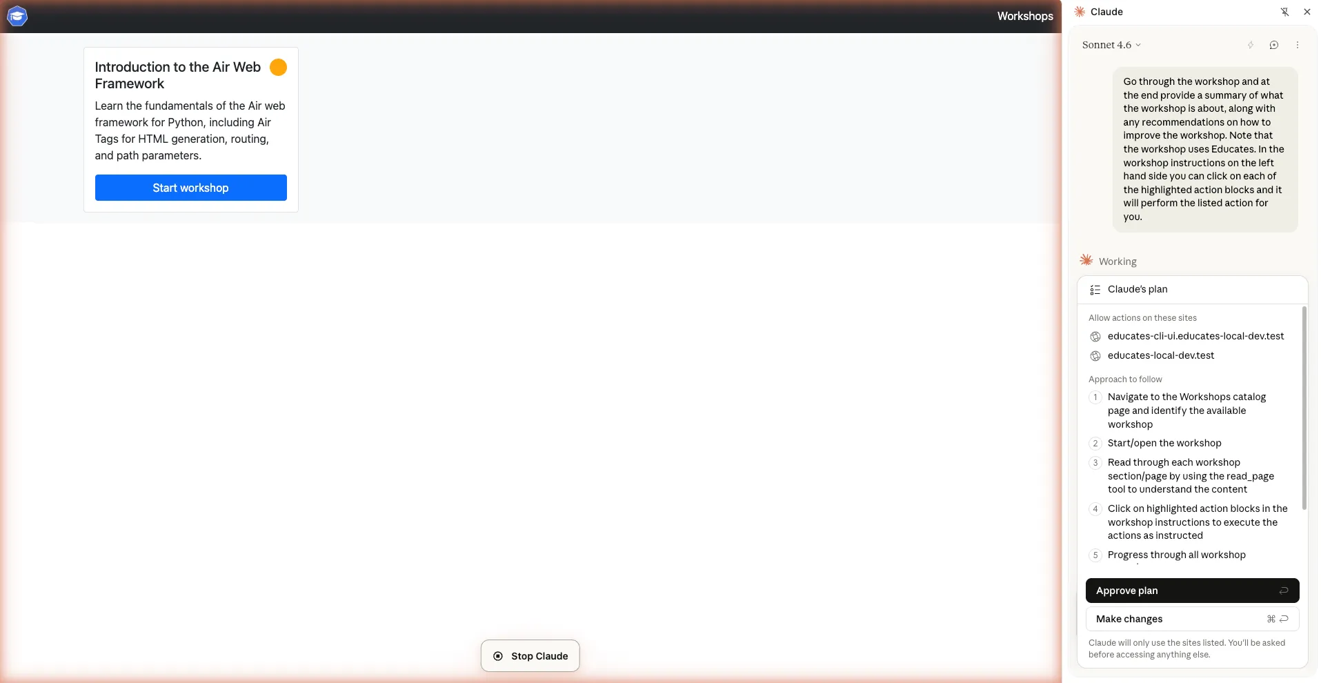 Prompting Claude to review the workshop in the browser