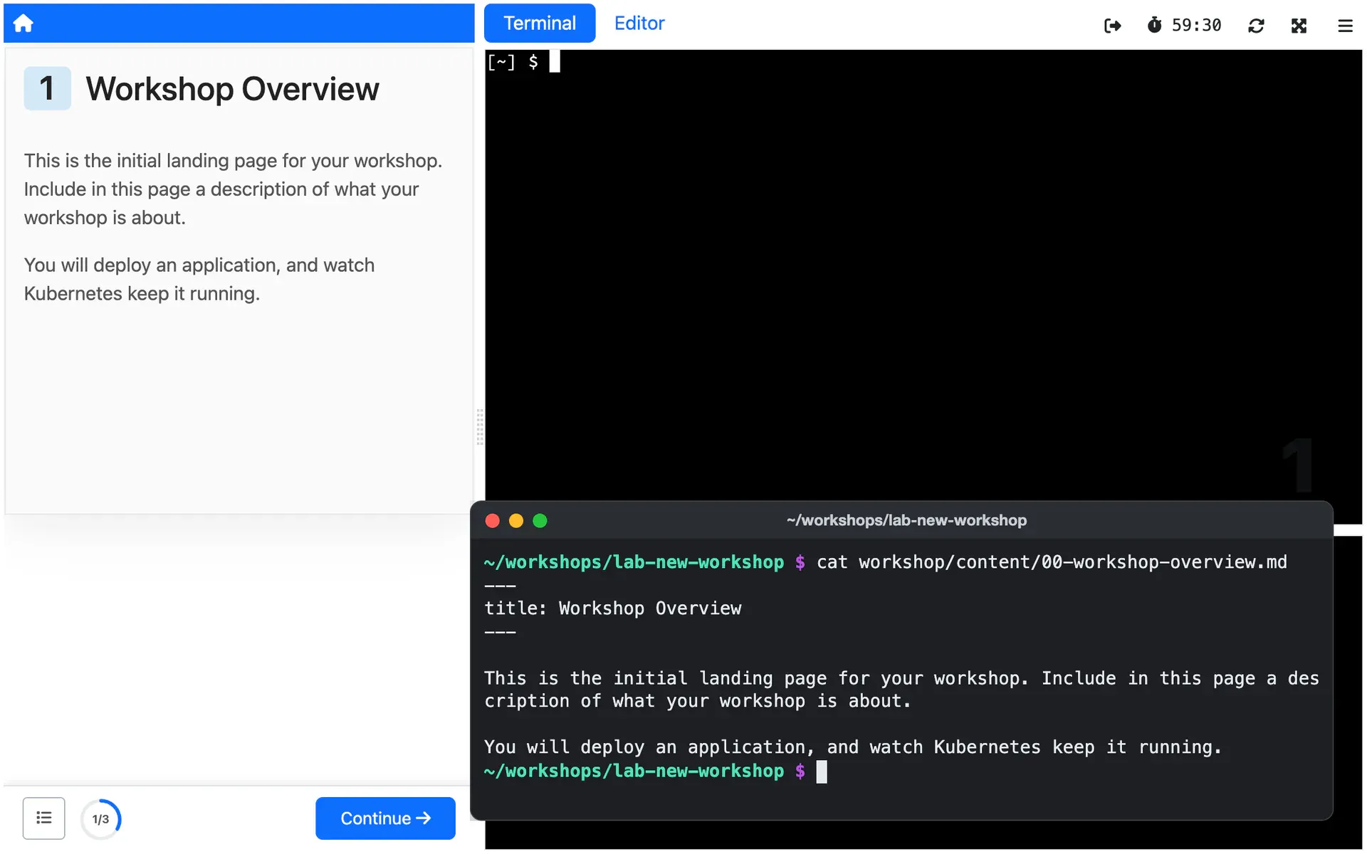 An instruction page in a terminal on a laptop, over the Session that shows it, served from the laptop as it is written.
