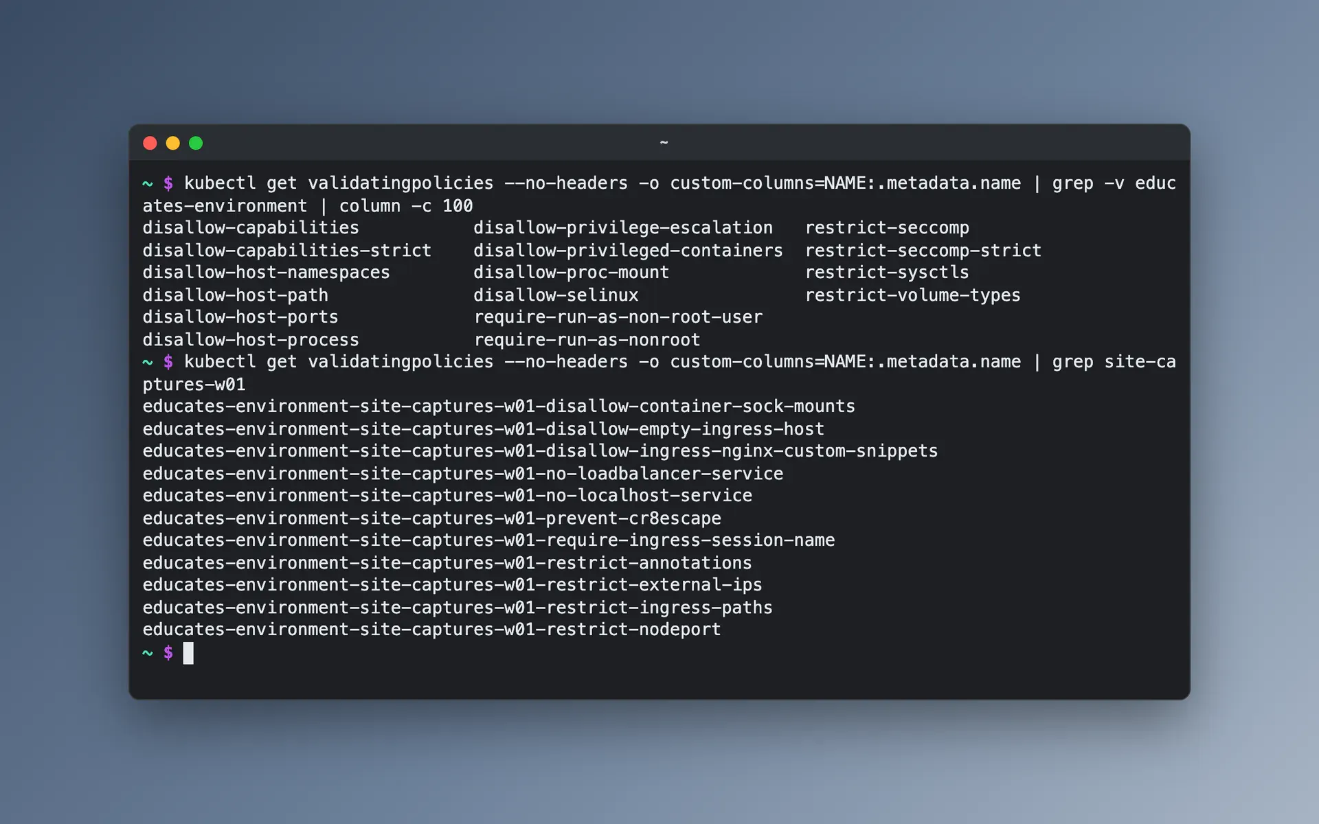 A terminal listing the Kyverno policies Educates brings: those for the whole cluster, and those it adds for each workshop environment.