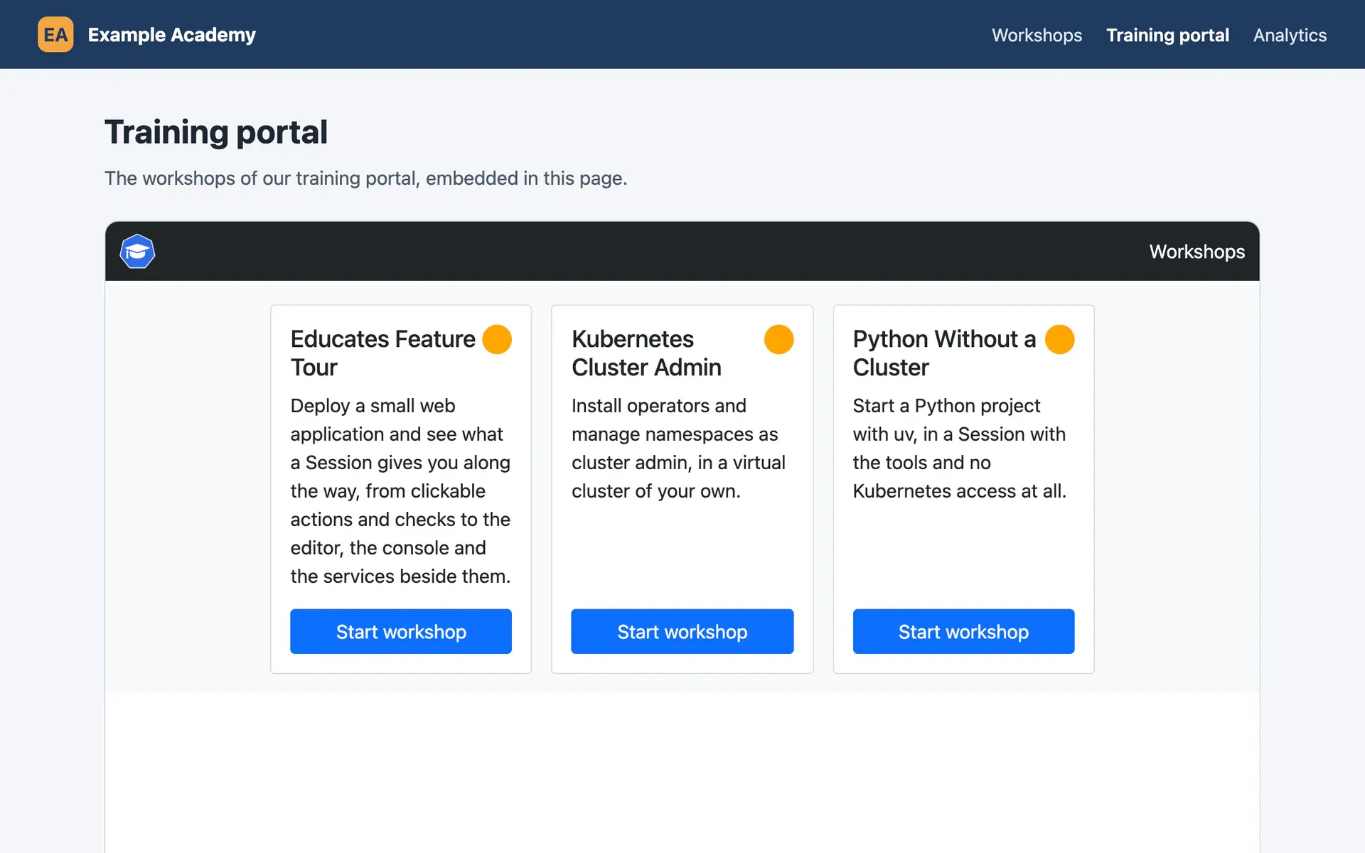 Example Academy, a training team's own site, with the training portal embedded in one of its pages.