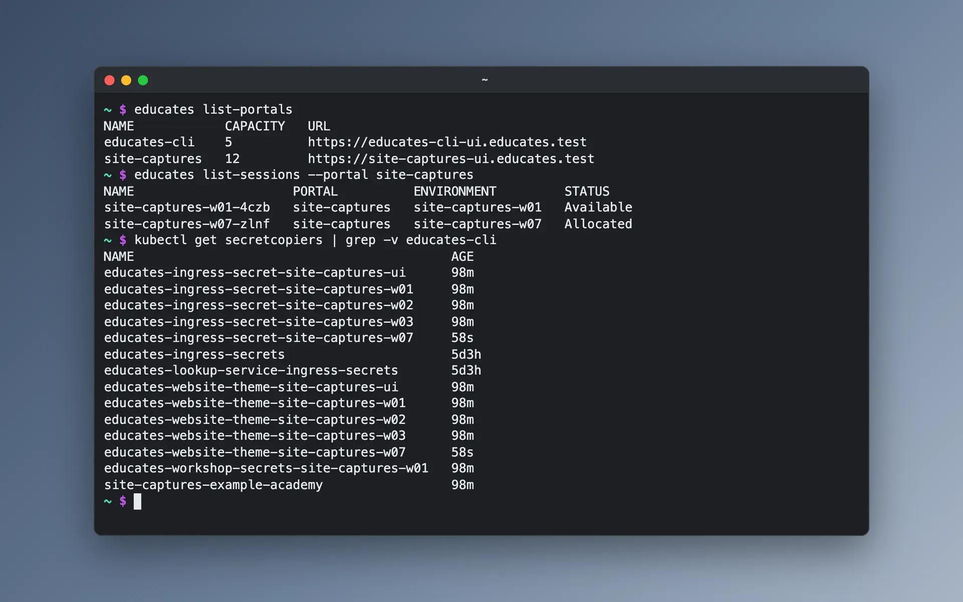 A terminal listing the training portals on a cluster and the Sessions running in one with the educates CLI, and the secret copiers the secrets manager runs.
