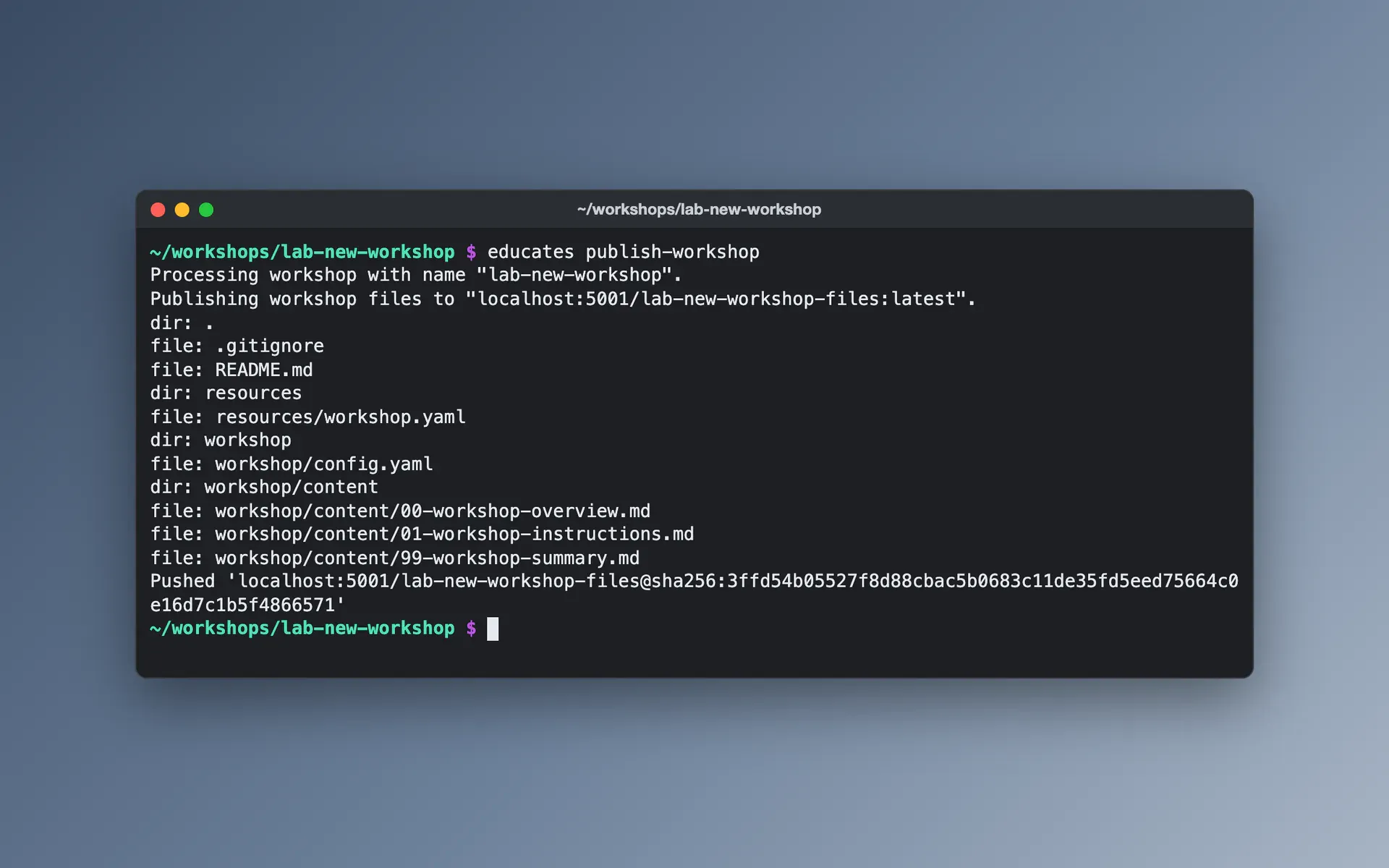 A terminal where educates publish-workshop packs a workshop's content as an OCI image and pushes it to a registry.