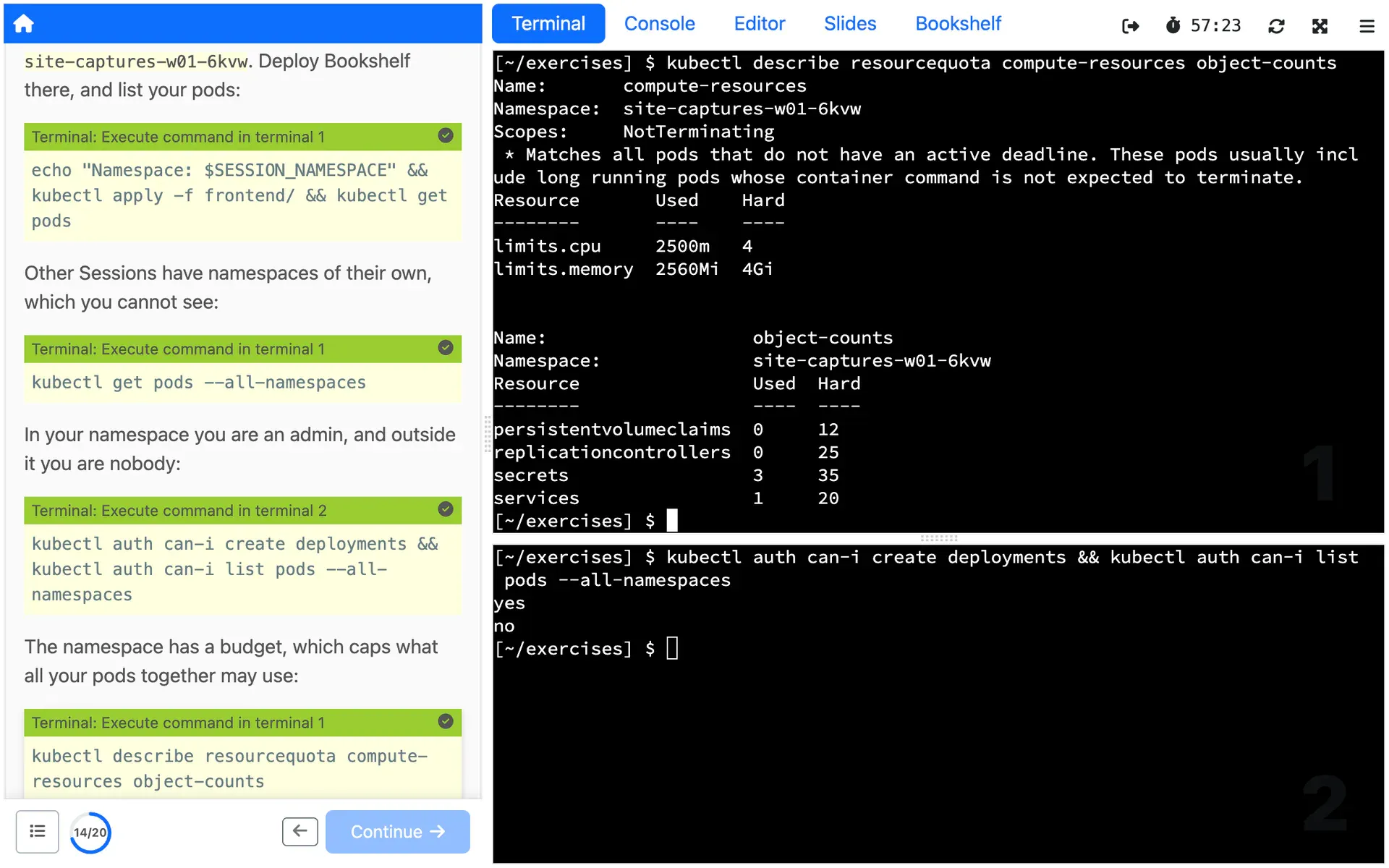 The resource quota and the container limits that a Session's namespace gets from the workshop's budget.