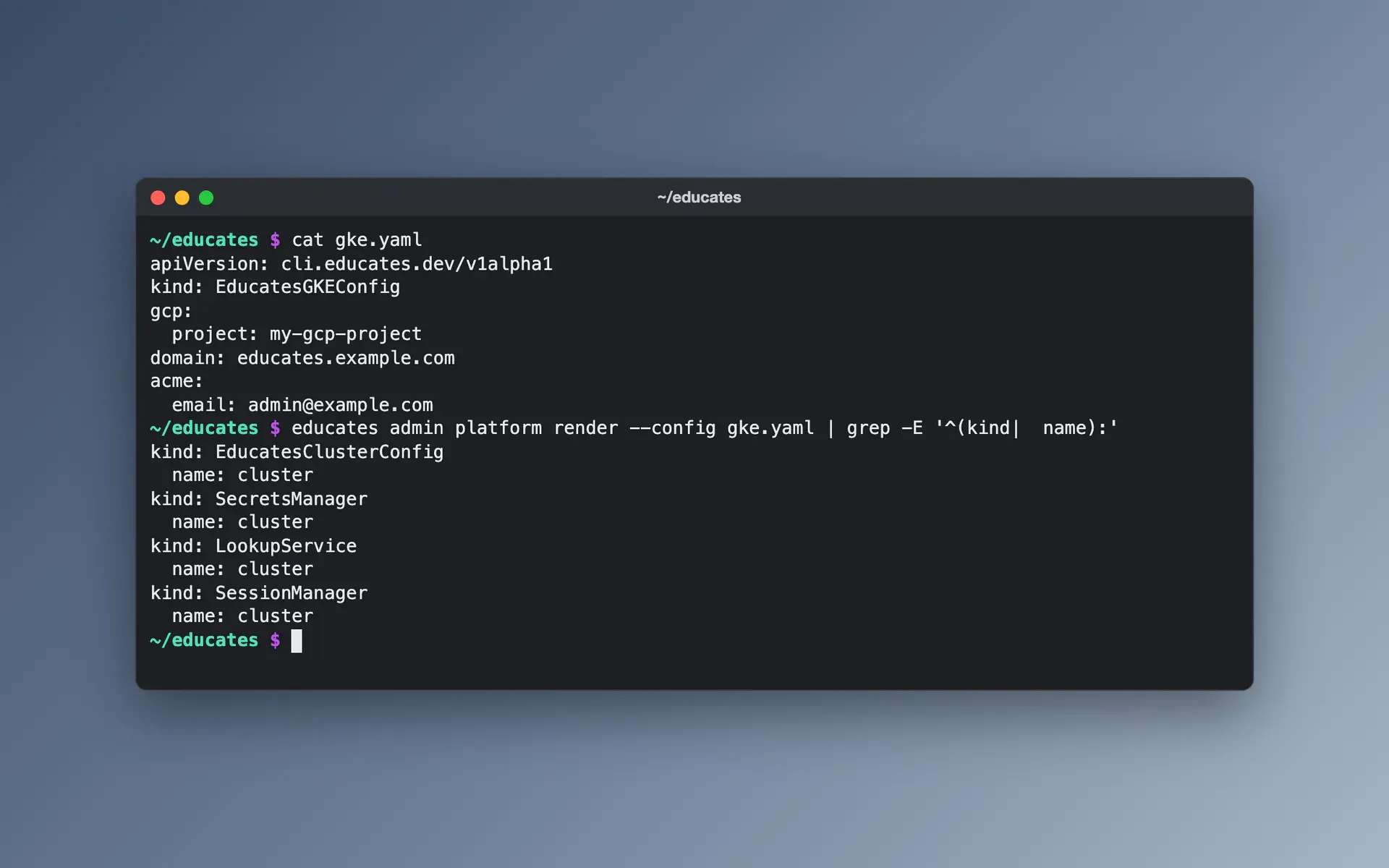 A terminal with an Educates configuration file for GKE, and what educates admin platform render would install from it.
