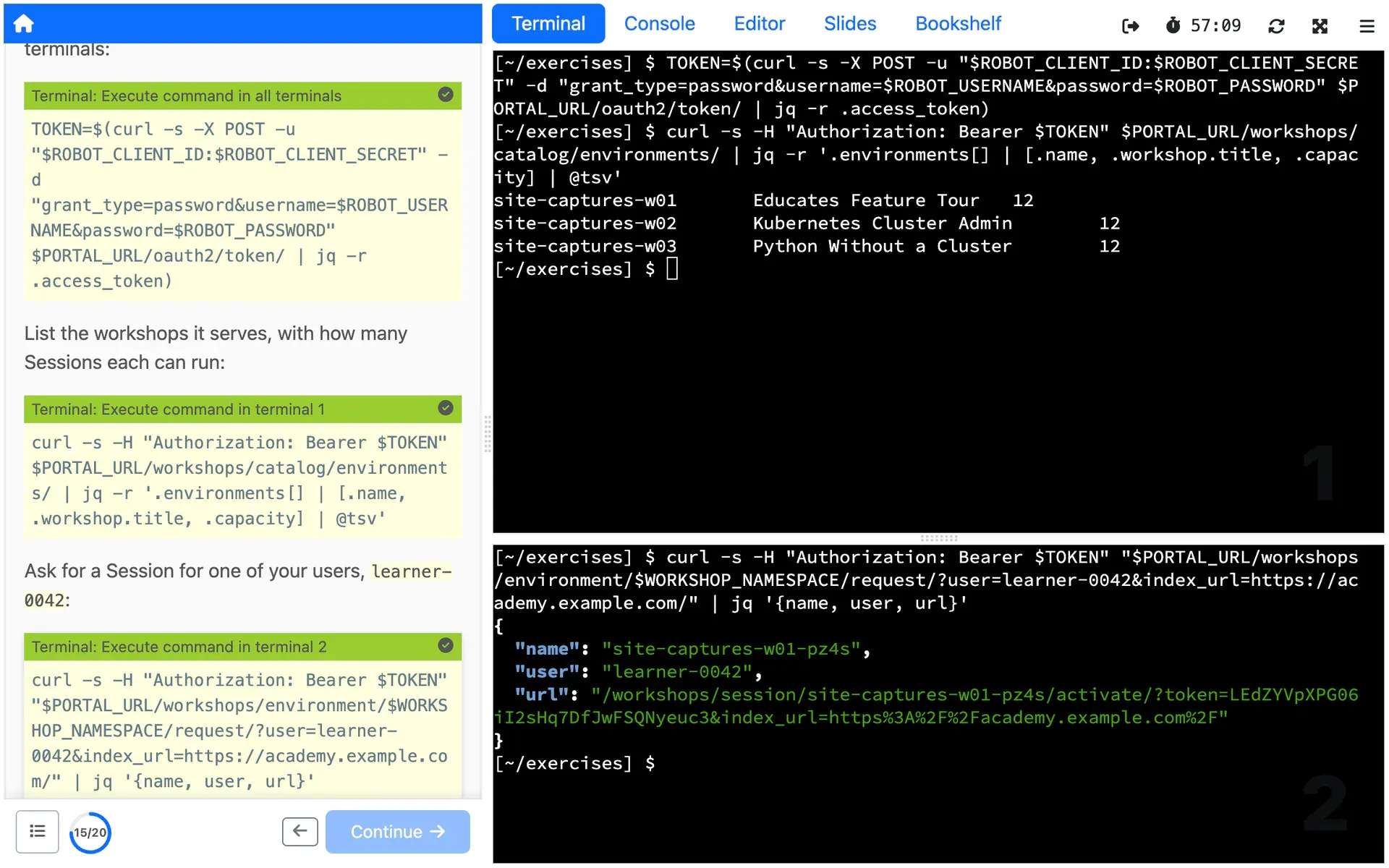 Requests to a training portal's REST API: the workshops it serves, and a Session for one of the site's own users, with the URL to send them to.