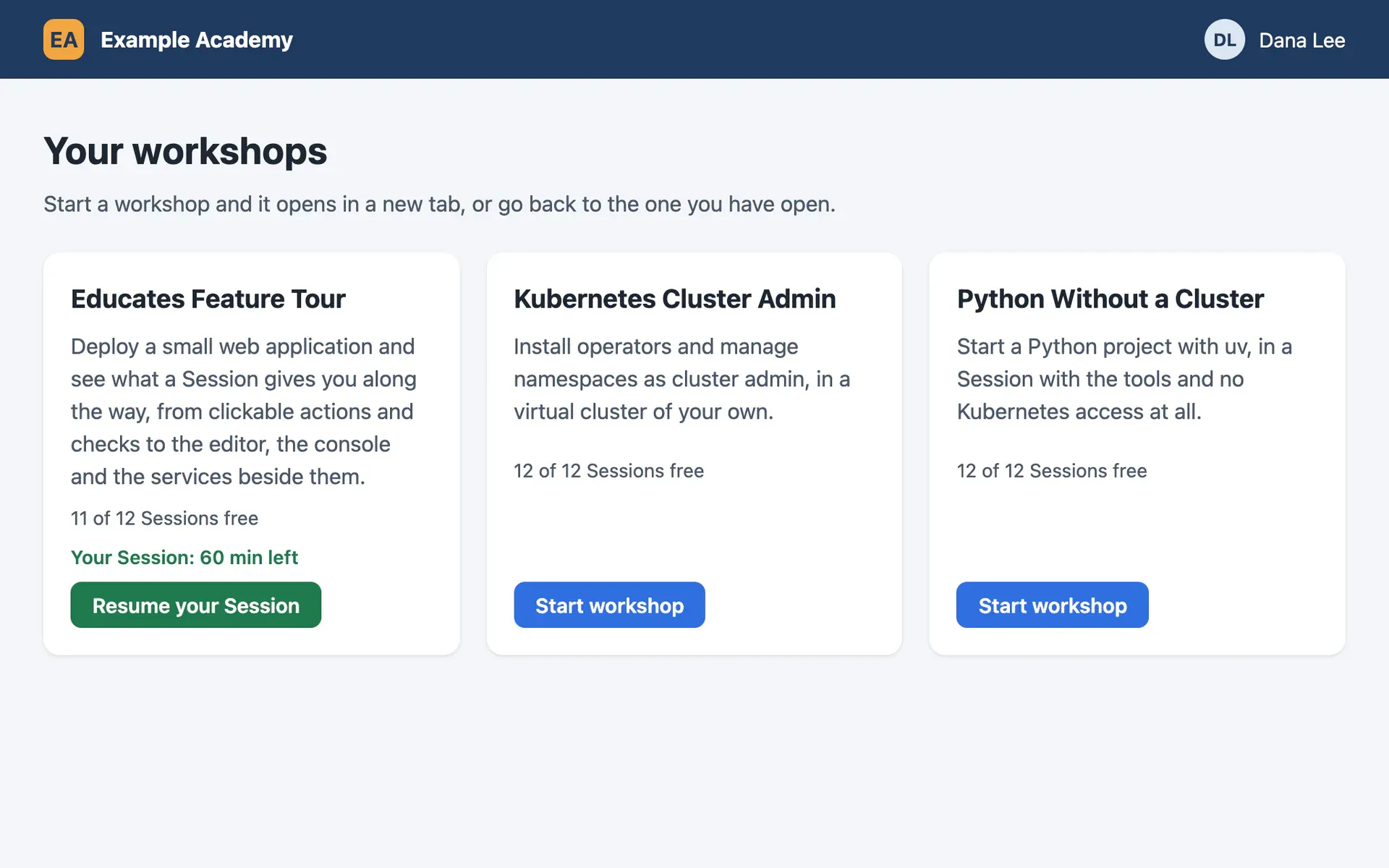 A training team's own site listing a training portal's workshops for the person signed in, through the portal's REST API: how many Sessions each has free, and Resume on the workshop they already have a Session for.
