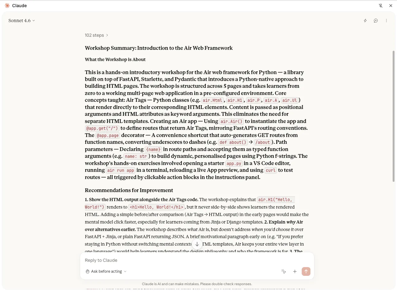 Claude's summary and review of the workshop