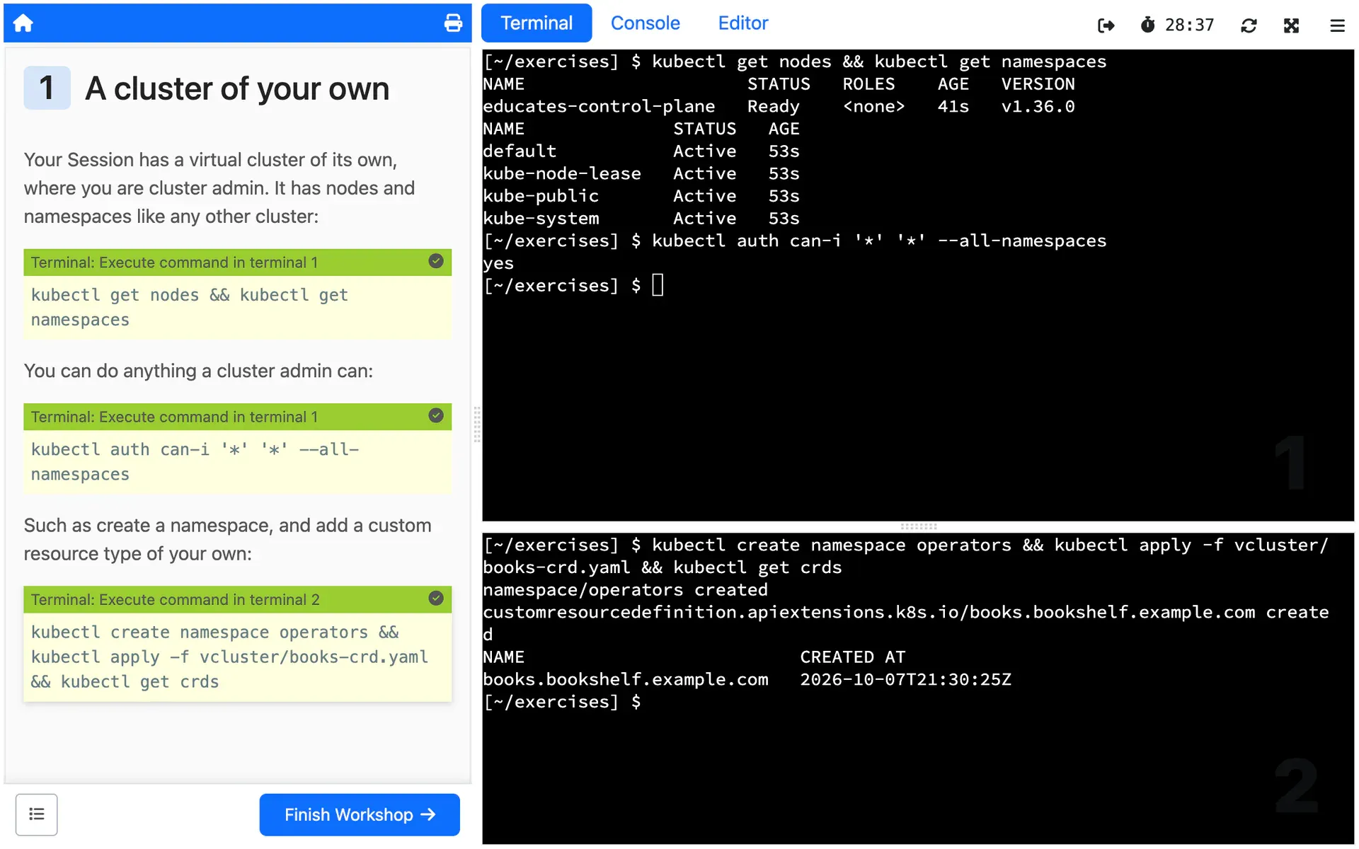 A Session's virtual cluster: its nodes and namespaces listed, everything allowed, and a namespace and a custom resource definition created in it.