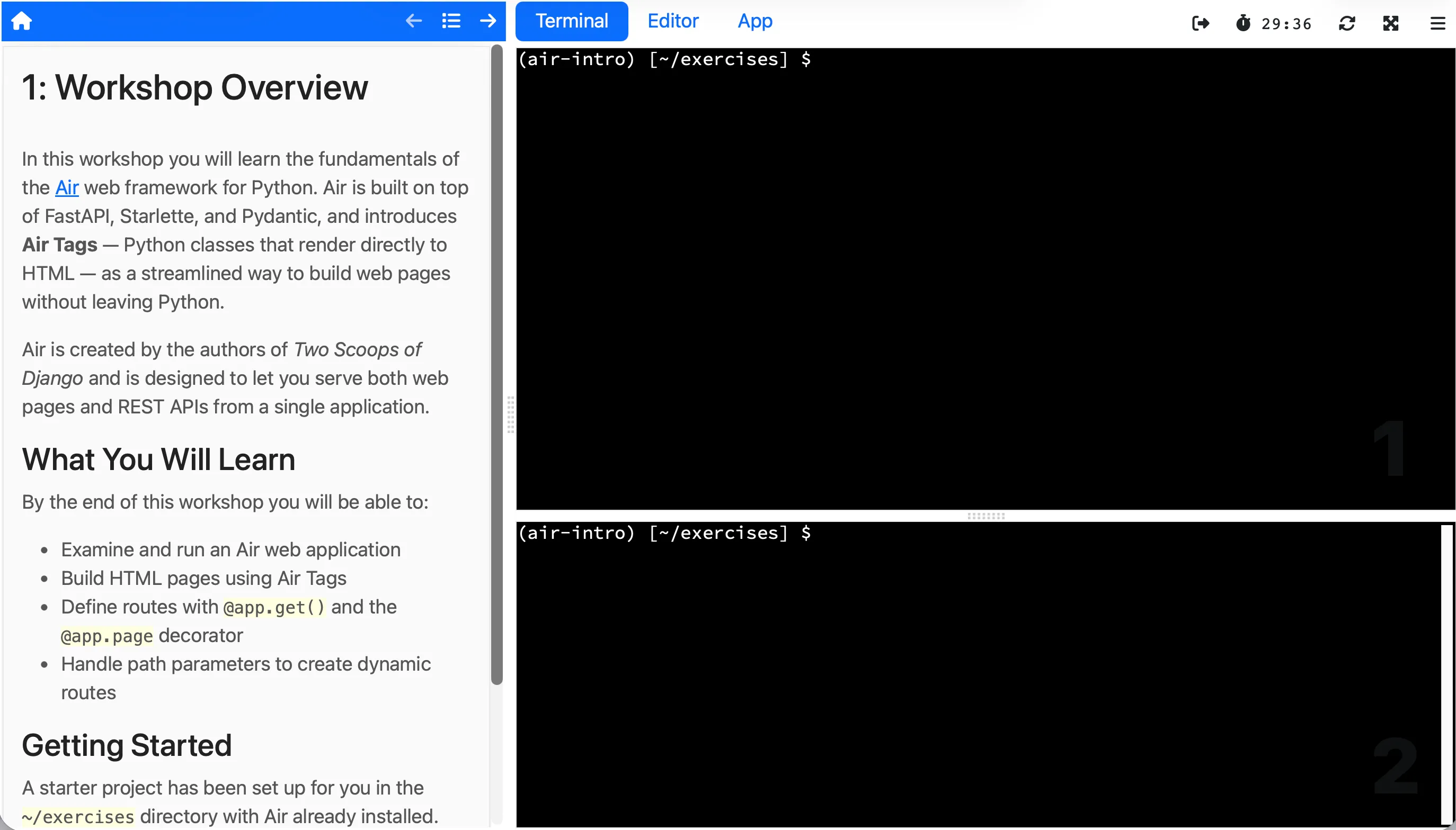 Workshop dashboard showing the Air framework workshop with instructions, terminal, and editor