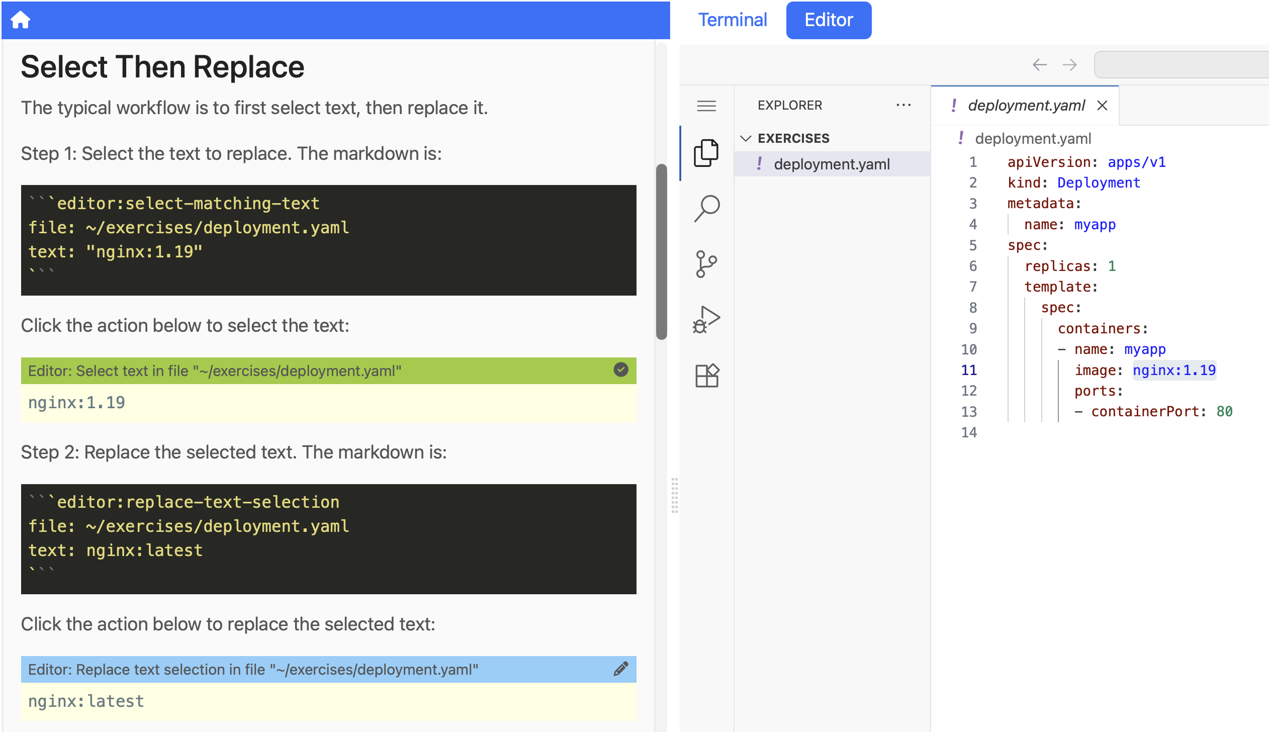 The embedded editor showing text that has been selected and replaced through clickable actions in the instructions