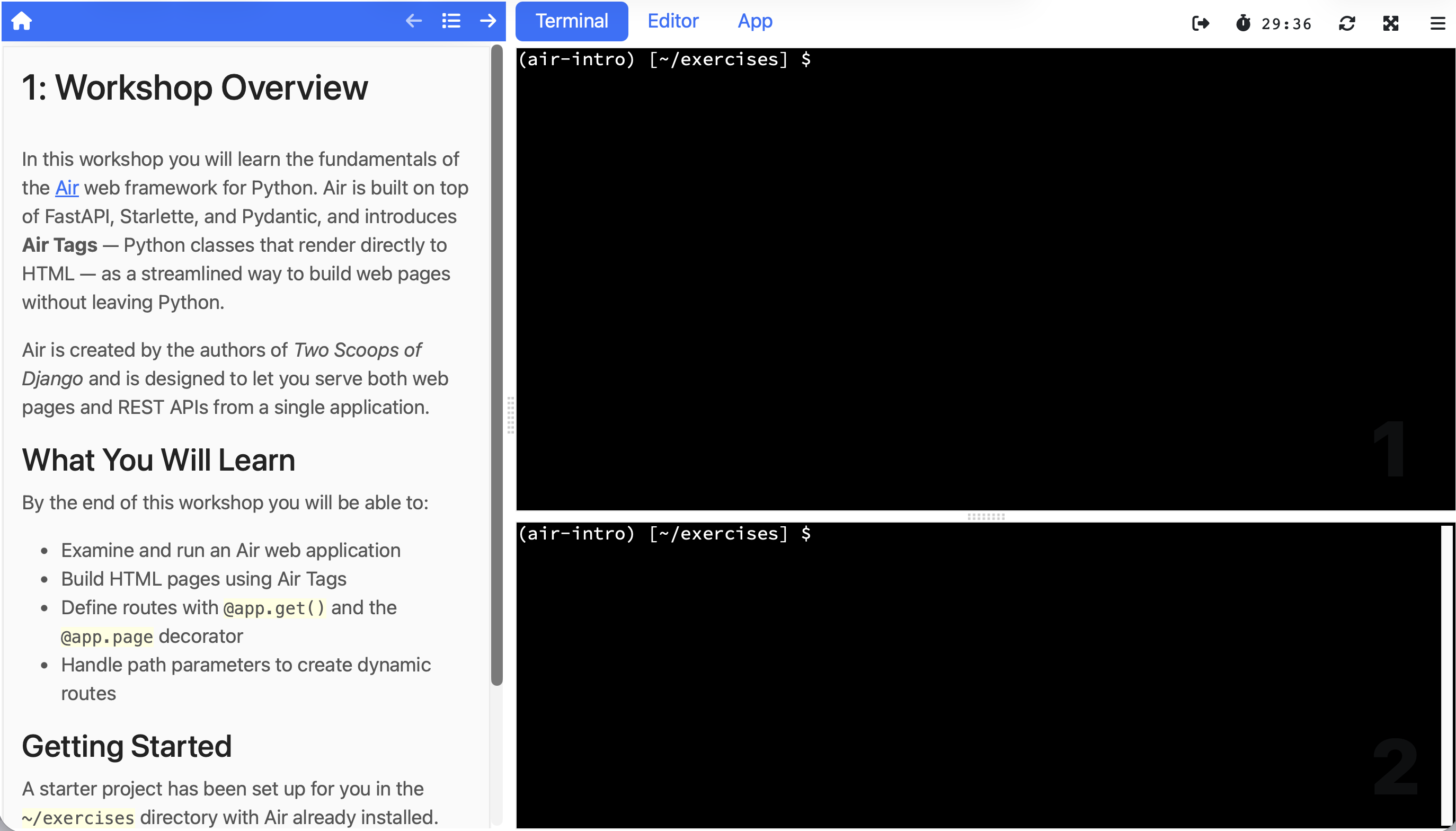 Workshop dashboard showing the Air framework workshop with instructions, terminal, and editor